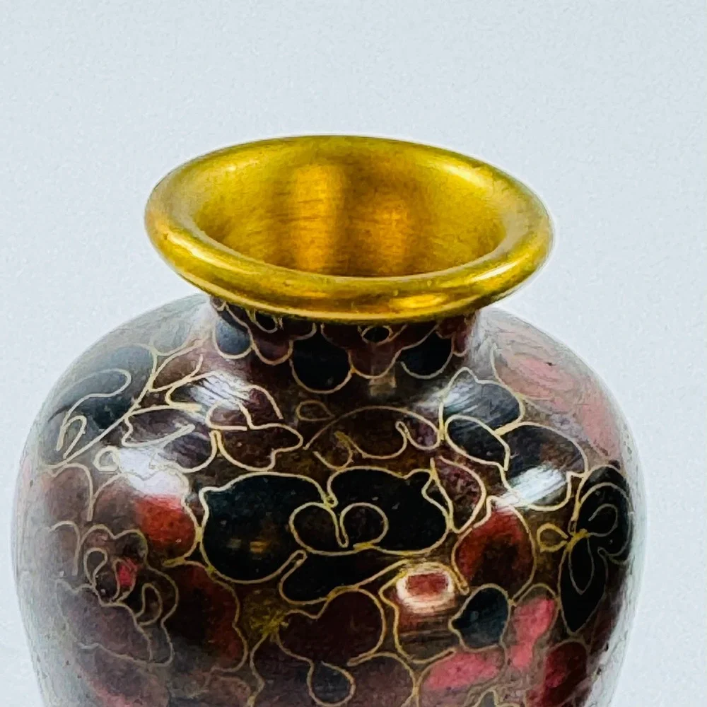 Vintage Cloisonne Miniature Bud Vases Set of 2 Floral Enamel Gold Trim 3 Inch